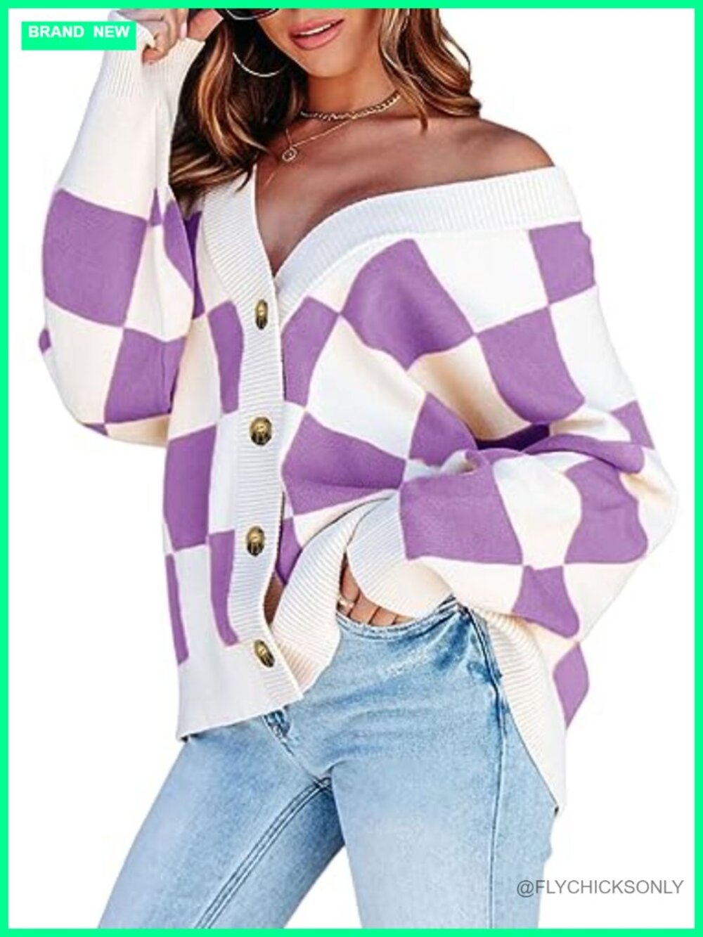 Cable Knit Plaid Button Down Cardigan Sweater V Neck Long Sleeve Oversized